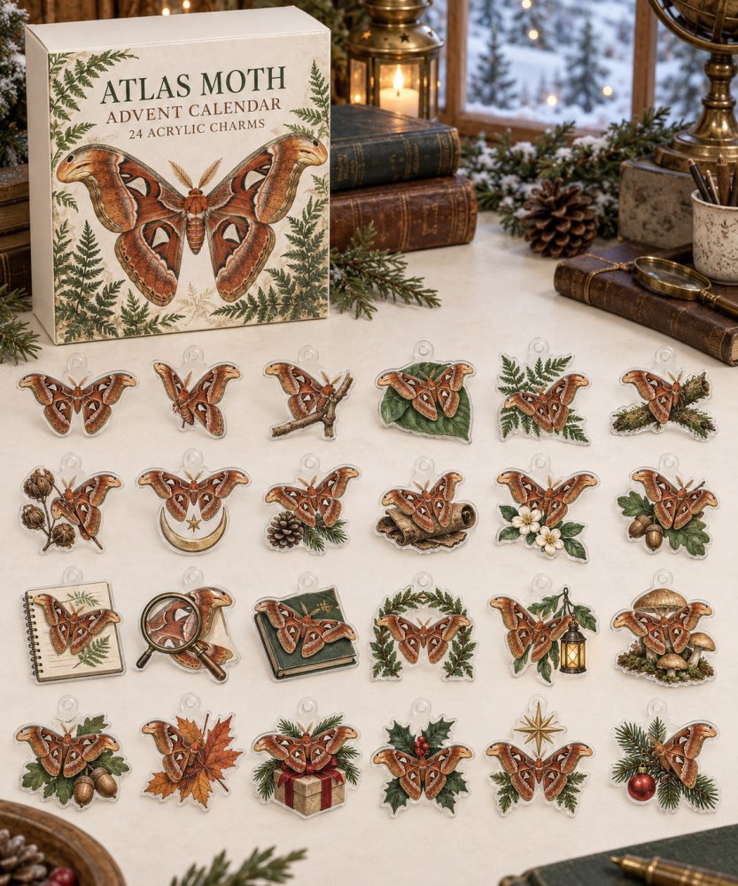 Stunning Atlas Moth Advent Countdown Calendar - 24 Oversized Acrylic Charms, Reusable Insect Collector Gift For Nature Fans