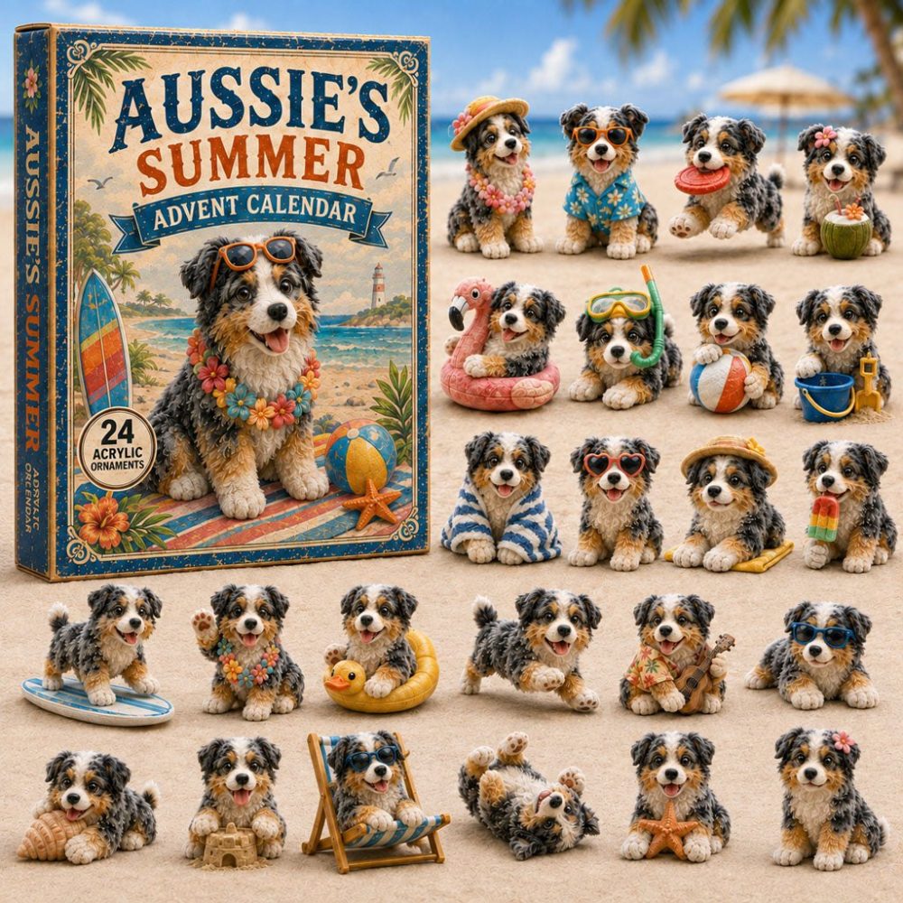 Aussie Summer Dog 24-Day Advent Calendar 2026 — Australian Dog Acrylic Charms, Sunny Holiday Countdown & Gift For Pet Lovers