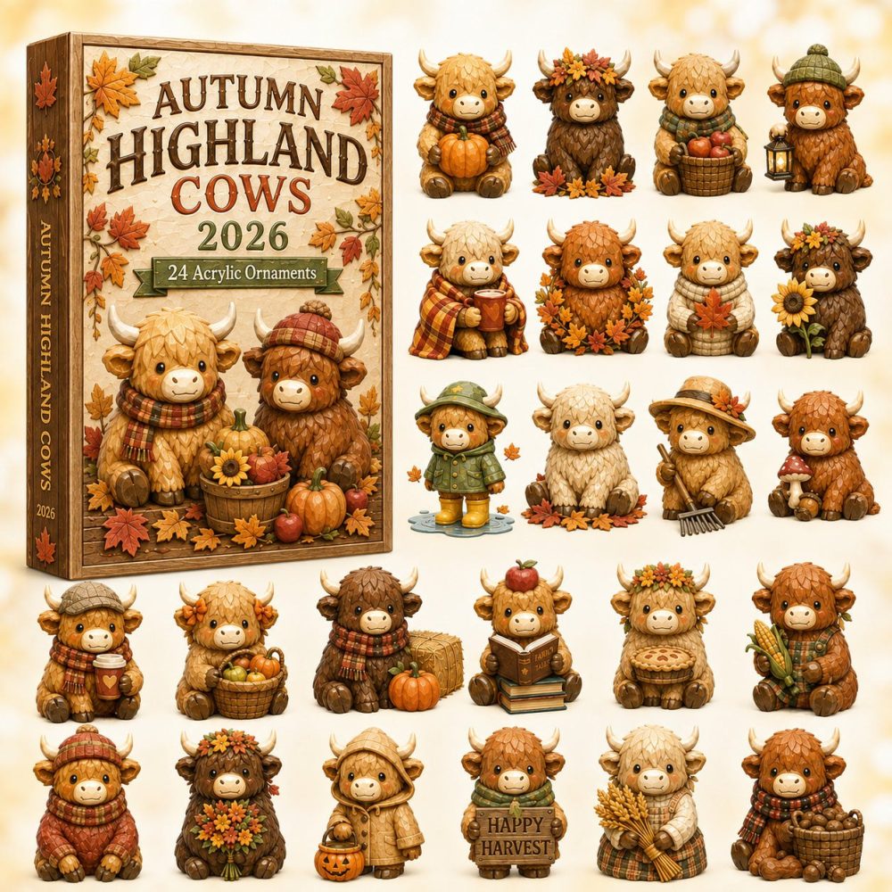 Rustic 2026 Autumn Highland Cows Advent Countdown — 24-Day Acrylic Charm Calendar For Farmhouse Decor & Country Gift Giving