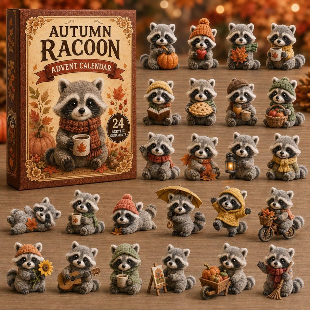 Autumn Raccoon Life Advent Calendar 2026 — 24-Day Acrylic Charm Countdown, Rustic Woodland Gift & Decor
