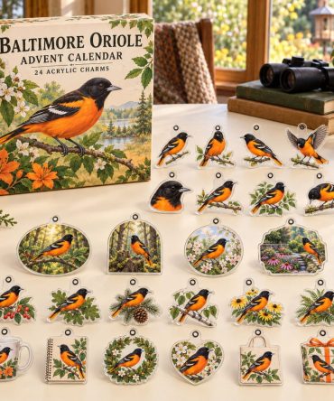 Baltimore Oriole Advent Calendar — 24 Orange & Black Acrylic Bird Charms, Collector Gift & Holiday Countdown 2026
