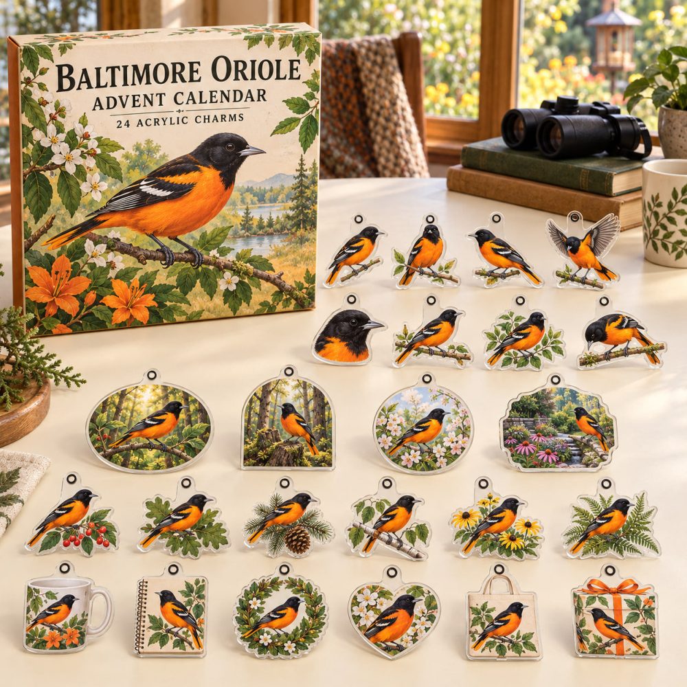 Baltimore Oriole Advent Calendar — 24 Orange & Black Acrylic Bird Charms, Collector Gift & Holiday Countdown 2026