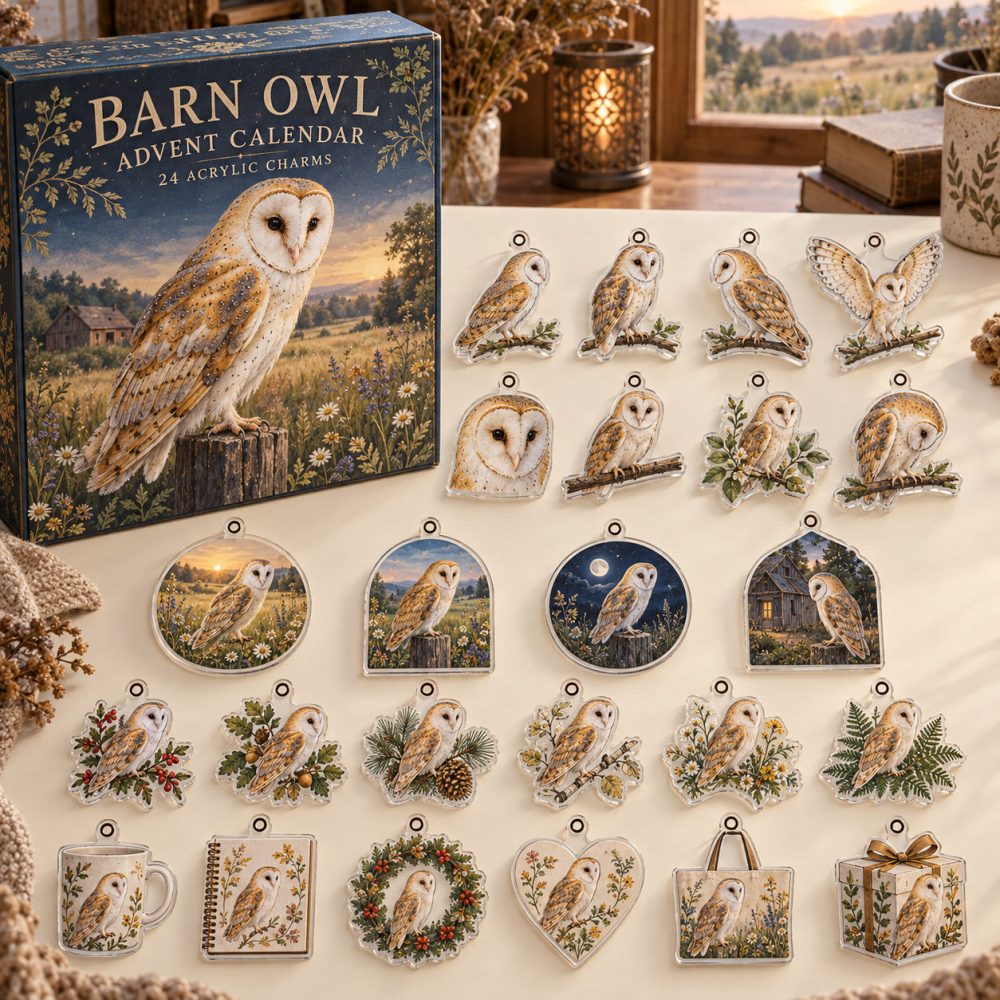Barn Owl 24-Day Countdown — Rustic Acrylic Barn Owl Charms For Advent, Ornaments & Gifts , Charming Bird Lover Gift Set