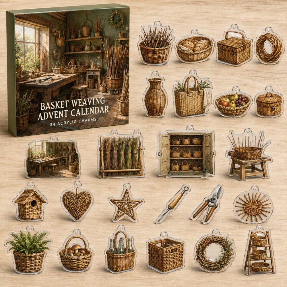 24-Day Basket Weaving Charm Countdown — Acrylic Reed, Knot & Basket Mini Charms For Weavers, Rustic Craft Gift Set