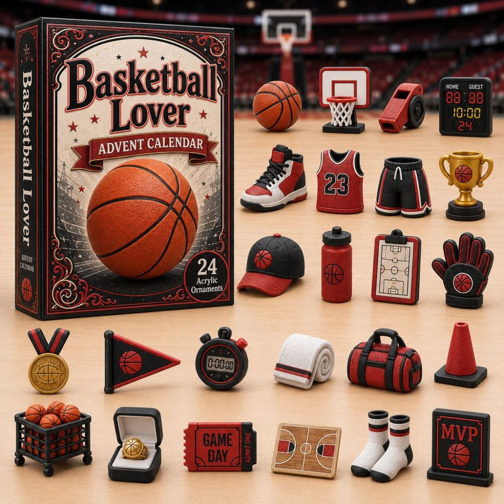 Red Basketball Holiday Countdown 2026 - 24-Day Advent Calendar With Acrylic Court & Player Charms, Fan Gift Set