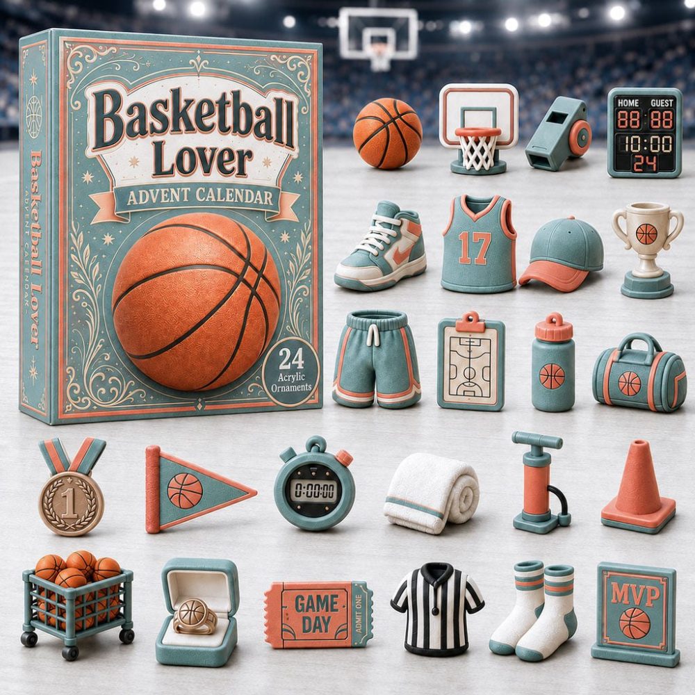 Turquoise Basketball Countdown 2026 - 24-Day Advent Calendar With Acrylic Hoops & Player Charms, Gift For Fans