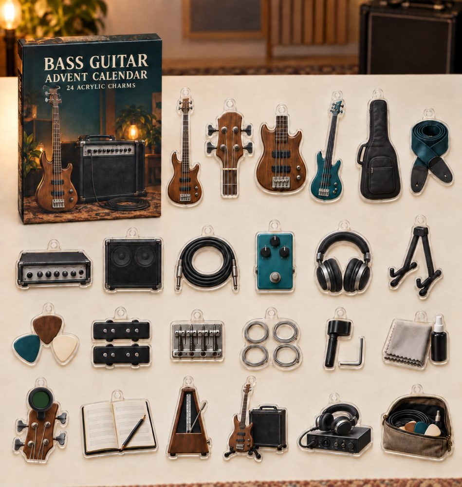 Holiday Countdown For Bassists - 24-Day Acrylic Charm Gift Box With Mini Bass Guitar Charms, Perfect Musician Gift