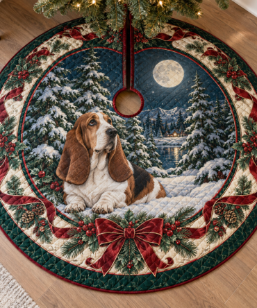 Quilted Basset Hound Christmas Tree Skirt — Long-Body Dog Holiday Accent, Sturdy Quilting, Reversible, Charming Gift For Basset Lovers