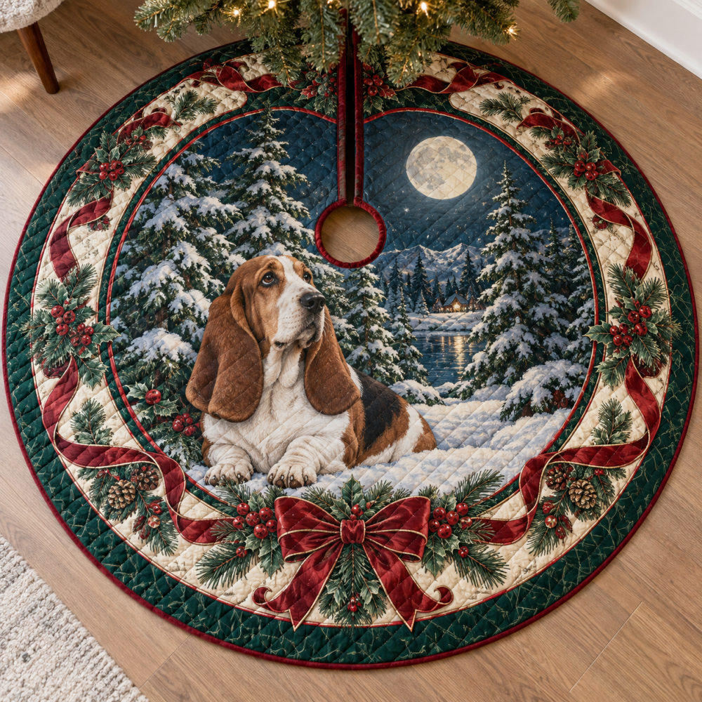 Quilted Basset Hound Christmas Tree Skirt — Long-Body Dog Holiday Accent, Sturdy Quilting, Reversible, Charming Gift For Basset Lovers