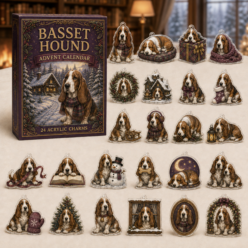 Basset Hound Holiday Countdown Calendar — 24 Charming Acrylic Charms, 24-Day Gift Set For Basset Lovers And Collectors