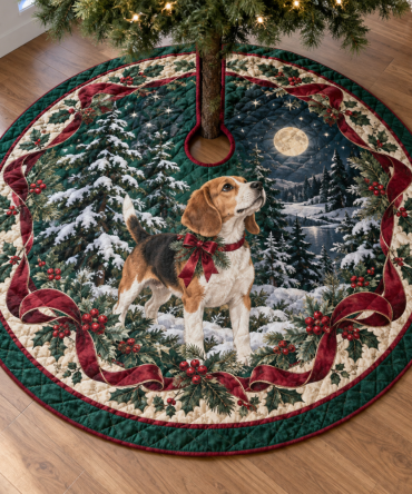 Quilted Beagle Christmas Tree Skirt — Timeless Dog-Themed Holiday Decor, Soft Quilting, Reversible, Great Gift For Beagle Families