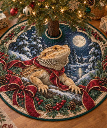 Reversible Bearded Dragon Holiday Tree Skirt — Quilted Plush, Machine-Washable Festive Mat For Reptile Lovers & Home Décor