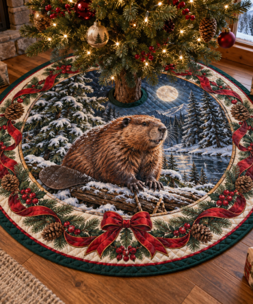 Classic Quilted Beaver Holiday Tree Skirt — Charming Beaver Print Christmas Tree Skirt, Soft Patchwork, Machine-Washable Warm Accent