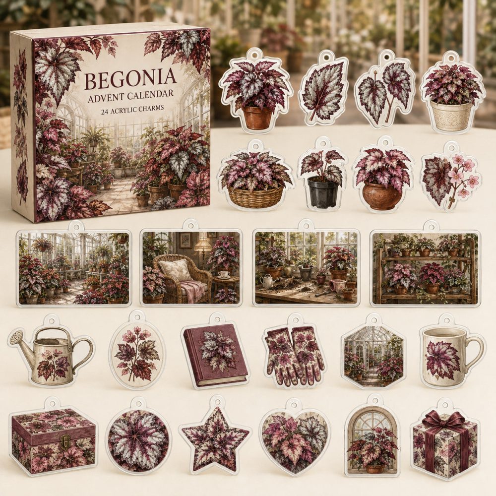 Begonia 24-Day Charm Countdown — Acrylic Begonia Leaf Charms Set For Plant Collectors, Charming Holiday Gift
