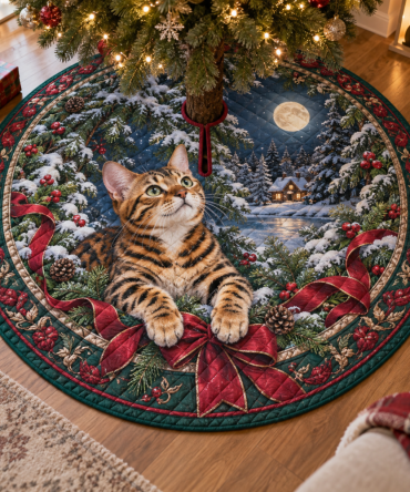 Wild-Style Quilted Holiday Tree Skirt With Bengal Cat Print — Luxurious, Durable Christmas Decor For An Exotic Touch