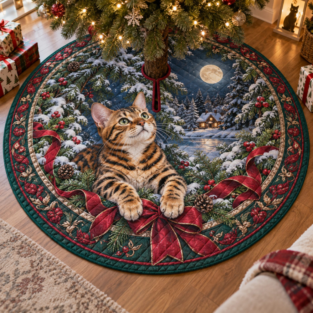 Wild-Style Quilted Holiday Tree Skirt With Bengal Cat Print — Luxurious, Durable Christmas Decor For An Exotic Touch