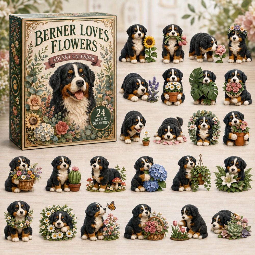 Berner Loves Flowers 24-Day Advent Countdown — 2026 Bernese Dog Acrylic Charm Calendar, Floral-Themed Holiday Gift & Keepsake