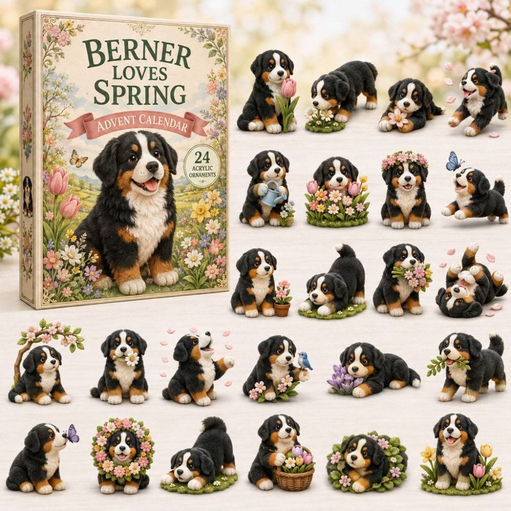 Berner Loves Spring 24-Day Advent Calendar — 2026 Floral Bernese Acrylic Charms, Seasonal Countdown Gift For Dog & Nature Fans