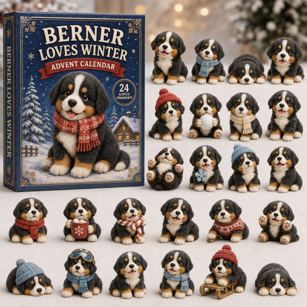 Berner Loves Winter 24-Day Advent Calendar — 2026 Snowy Bernese Acrylic Charms, Cozy Holiday Countdown & Gift For Dog Fans