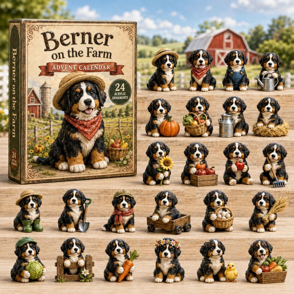 2026 Berner On The Farm Countdown Calendar — 24 Rustic Bernese Mountain Dog Acrylic Charms, Country Holiday Decor