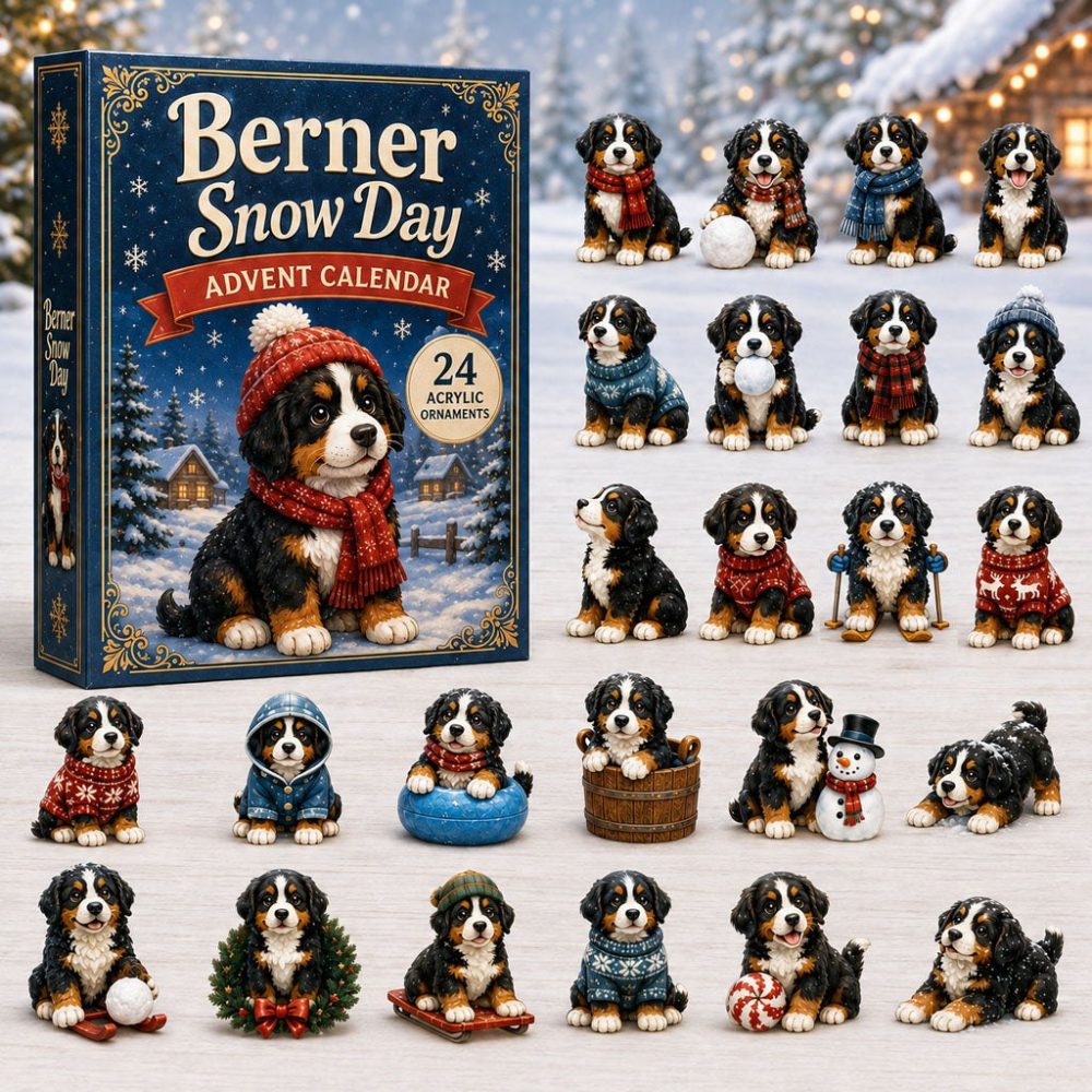 2026 Berner Snow Day Countdown Calendar — 24 Snowy Bernese Mountain Dog Acrylic Charms, Winter Holiday Gift