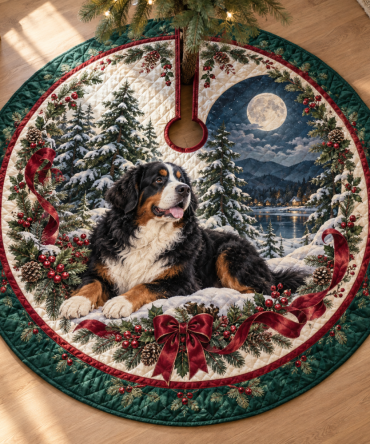 Quilted Bernese Mountain Dog Christmas Tree Skirt — Hearty, Cozy Holiday Accent, Durable Quilting, Reversible, Ideal Gift For Bernese Owners