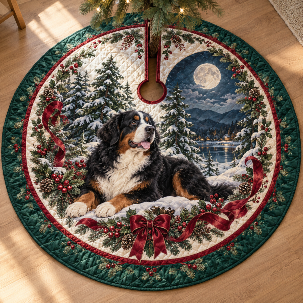 Quilted Bernese Mountain Dog Christmas Tree Skirt — Hearty, Cozy Holiday Accent, Durable Quilting, Reversible, Ideal Gift For Bernese Owners