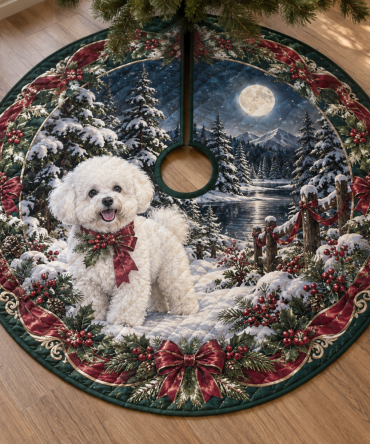Quilted Bichon Frise Christmas Tree Skirt — Soft, Elegant Holiday Base Cover, Fluffy Quilting, Reversible, Perfect Gift For Bichon Lovers