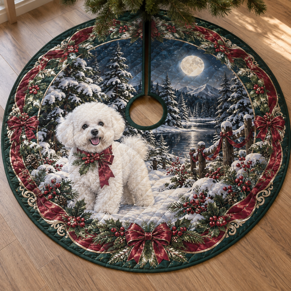 Quilted Bichon Frise Christmas Tree Skirt — Soft, Elegant Holiday Base Cover, Fluffy Quilting, Reversible, Perfect Gift For Bichon Lovers