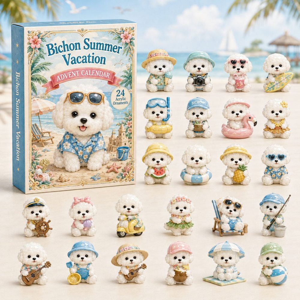 Bichon Summer Vacation 24-Day Advent Calendar 2026 — Cute Bichon Frise Acrylic Charms, Seasonal Countdown Gift For Dog Lovers