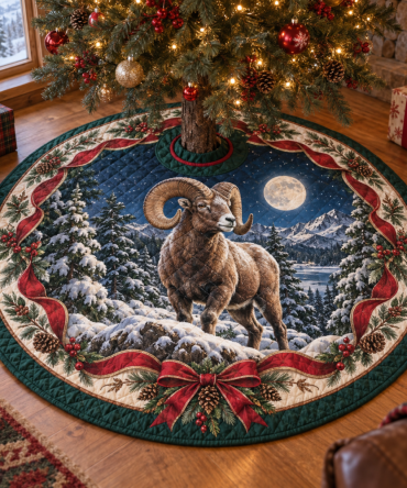 Bighorn Ram Heritage Quilted Christmas Tree Skirt — 48" Round Premium Holiday Decor, Plush Lining, Machine-Washable, Gift-Ready
