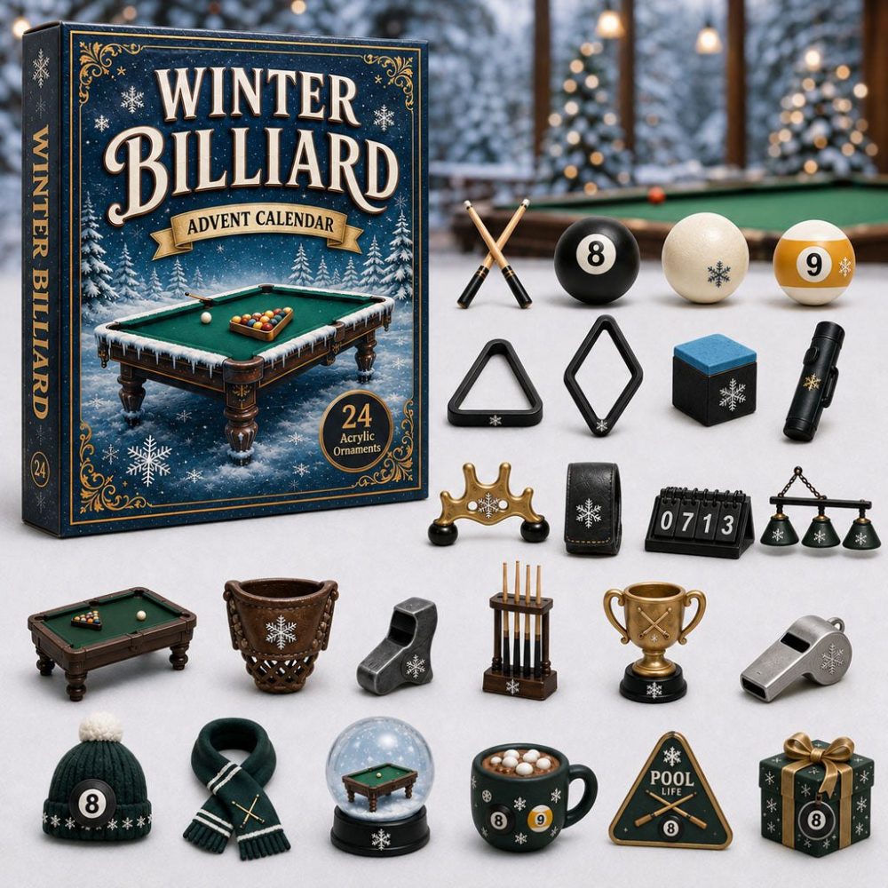 Snowy Billiards Holiday Advent Calendar 2026 — 24 Acrylic Charms Countdown, Festive Pool-Themed Gift For Cue Fans