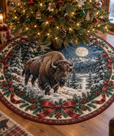 Statement Quilted Bison Holiday Tree Skirt — Bold Bison Print Christmas Tree Skirt, Soft Patchwork, Machine-Washable Western & Rustic Accent