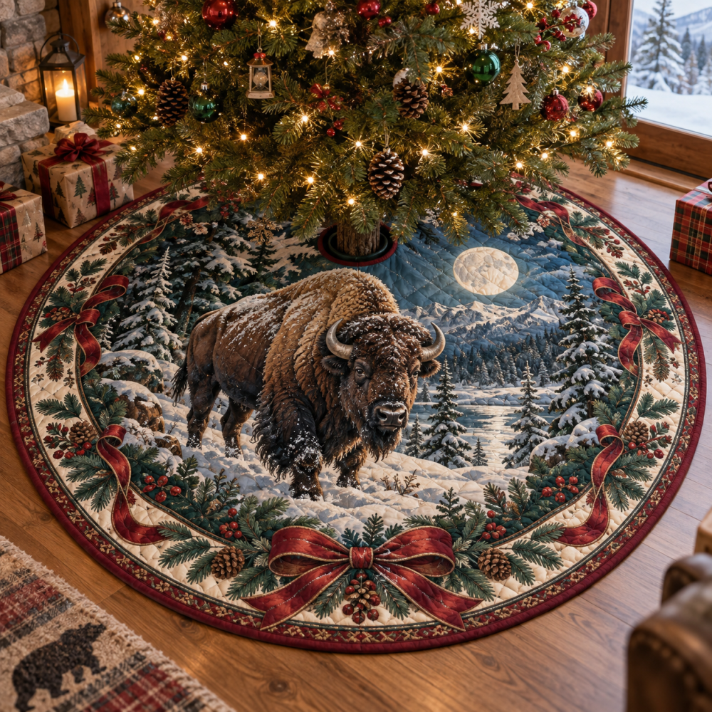 Statement Quilted Bison Holiday Tree Skirt — Bold Bison Print Christmas Tree Skirt, Soft Patchwork, Machine-Washable Western & Rustic Accent