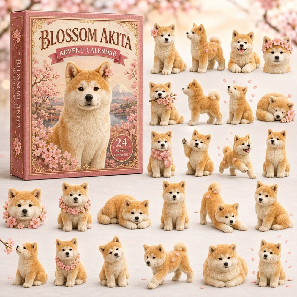 Blossom Akita Spring-Style Countdown 2026 — 24 Acrylic Charms Featuring Floral Akita Designs, Unique Dog Lover Holiday Gift