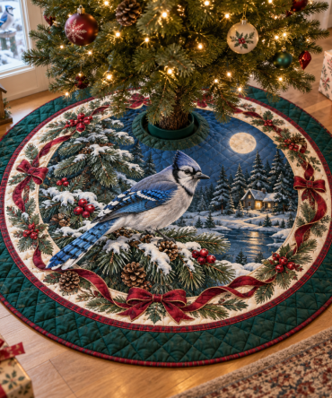 Blue Jay Quilted Holiday Tree Skirt — Bold Navy Bird Design, Reversible, Durable Cotton Batting, Perfect Christmas Mantel & Tree Accent