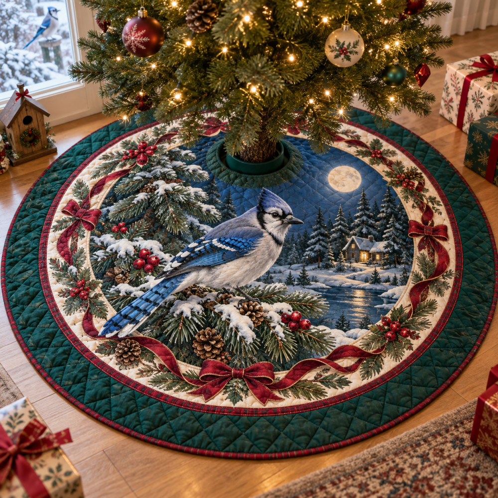 Blue Jay Quilted Holiday Tree Skirt — Bold Navy Bird Design, Reversible, Durable Cotton Batting, Perfect Christmas Mantel & Tree Accent