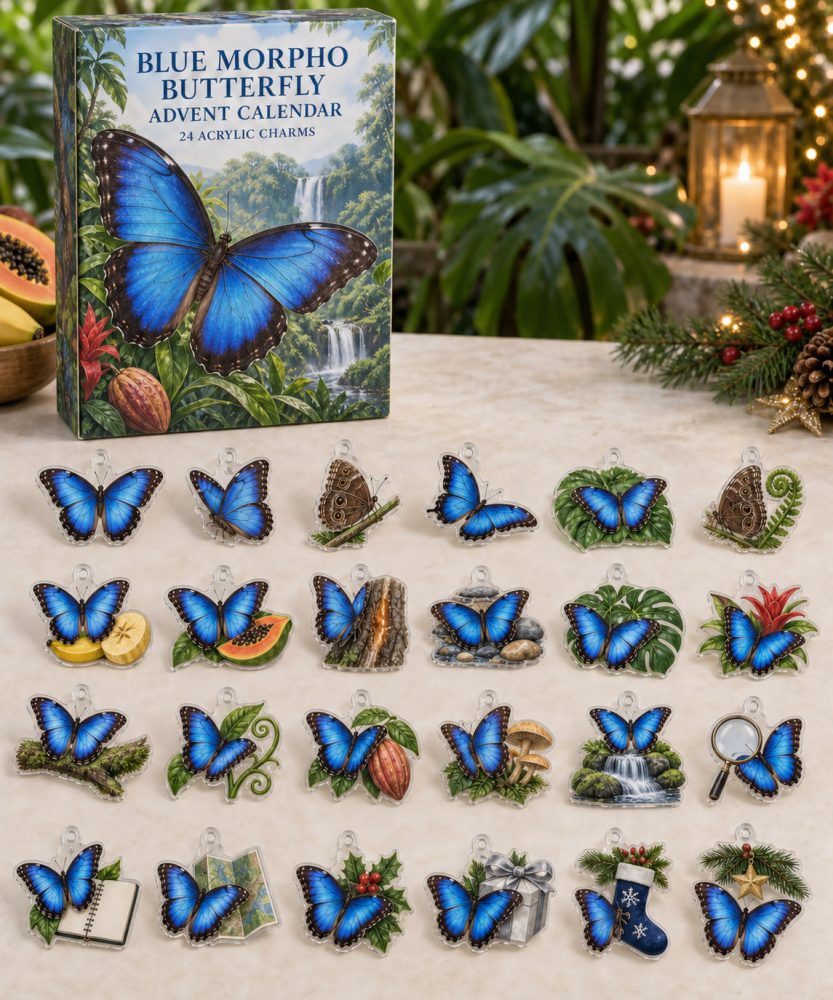24-Day Blue Morpho Butterfly Advent Calendar — Acrylic Butterfly Charms Set For Nature Lovers, Jewelry Making & Gifts