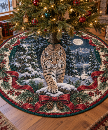 Bobcat Heritage Quilted Christmas Tree Skirt — 48" Round Premium Holiday Decor, Plush Lining, Machine-Washable, Gift-Ready