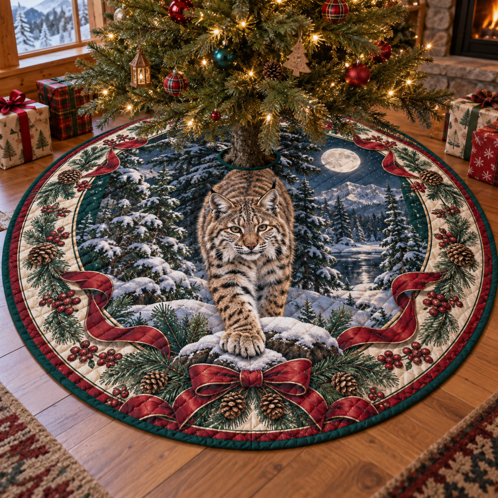Bobcat Heritage Quilted Christmas Tree Skirt — 48" Round Premium Holiday Decor, Plush Lining, Machine-Washable, Gift-Ready