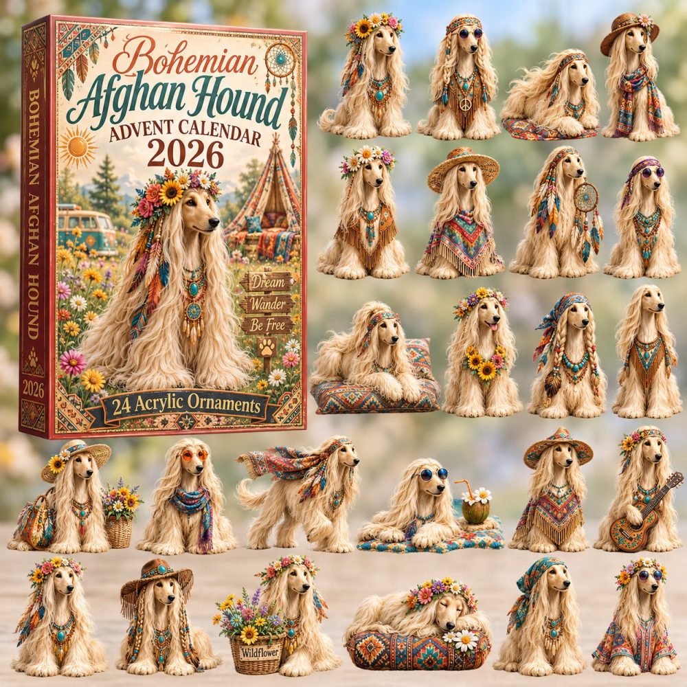 2026 Bohemian Afghan Hound Advent Calendar - 24-Day Acrylic Charm Countdown, Boho Dog Art, Gift For Hound Lovers & Pet Owners