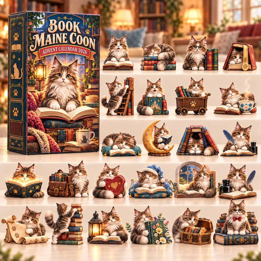 2026 Maine Coon Book Lover 24-Day Advent Countdown With Cat Acrylic Charms - Cozy Reading & Cat Mom Holiday Gift Calendar, Limited