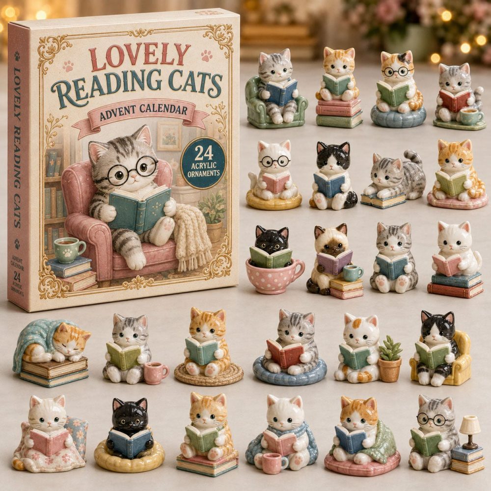 Bookish Cats Holiday Countdown 2026 — 24 Acrylic Cat-And-Book Charms, Cozy Advent Calendar Gift For Cat Lovers & Readers
