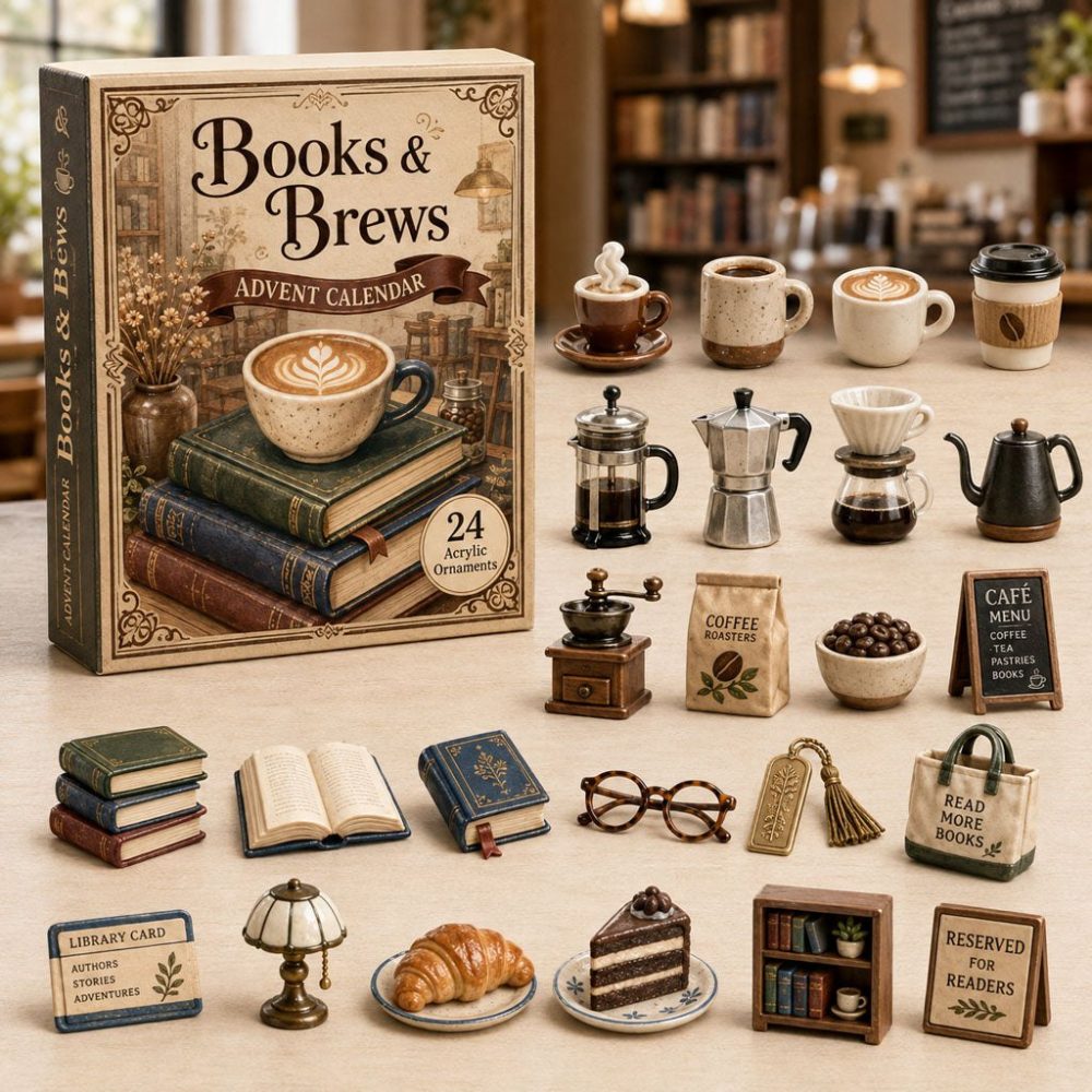 Curated Books & Brews Holiday Countdown — 24-Day Collectible Acrylic Charms, Booklover Gift Set 2026