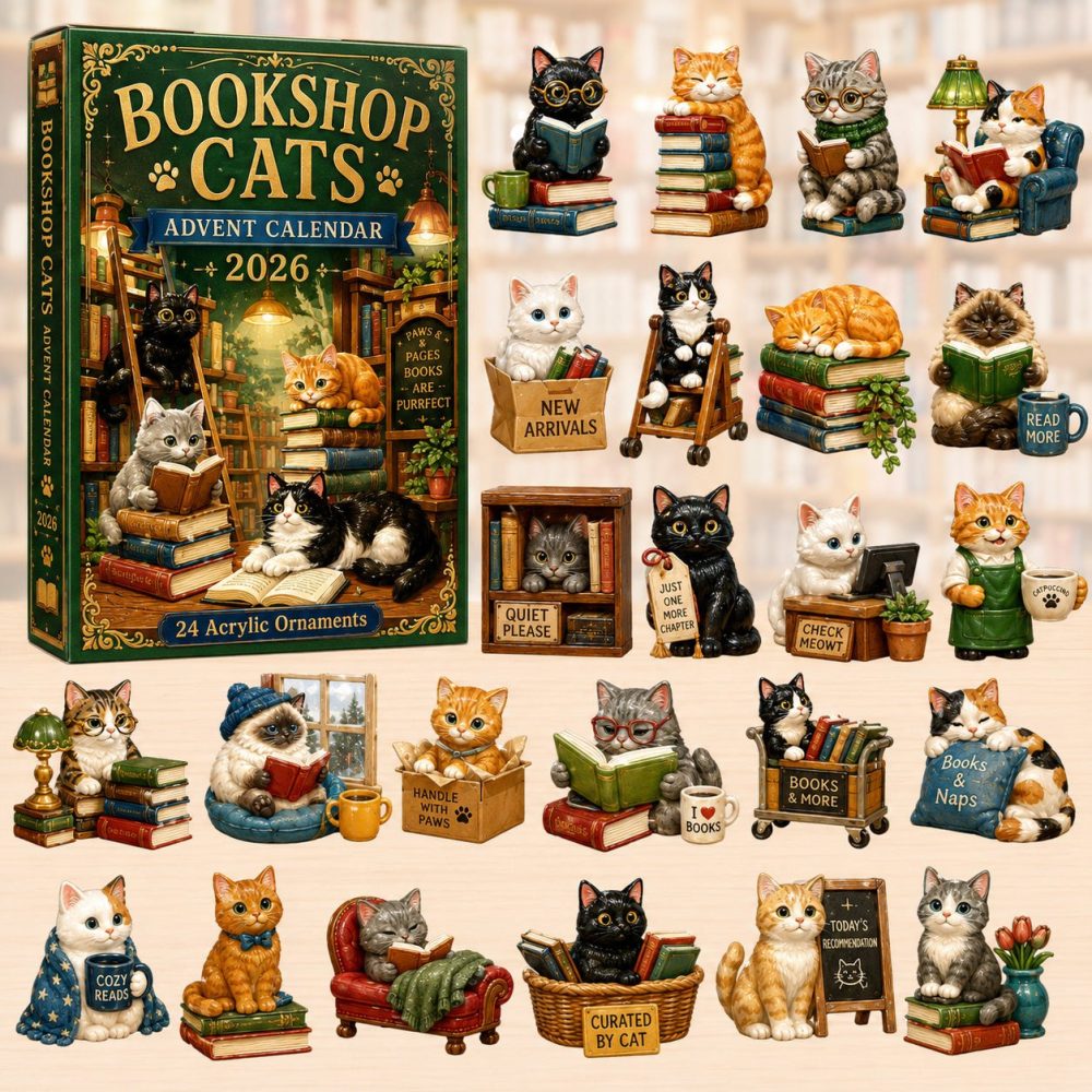 2026 Bookshop Cats Advent Calendar - 24-Day Acrylic Charm Countdown, Cozy Cat & Book Scenes, Gift For Readers & Cat Lovers