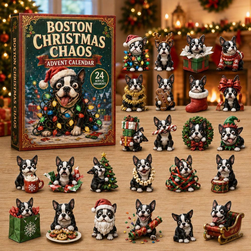 Boston Christmas Chaos 2026 Advent — 24-Day Countdown With Acrylic Charms, Hilarious Boston Terrier Holiday Gift & Decor