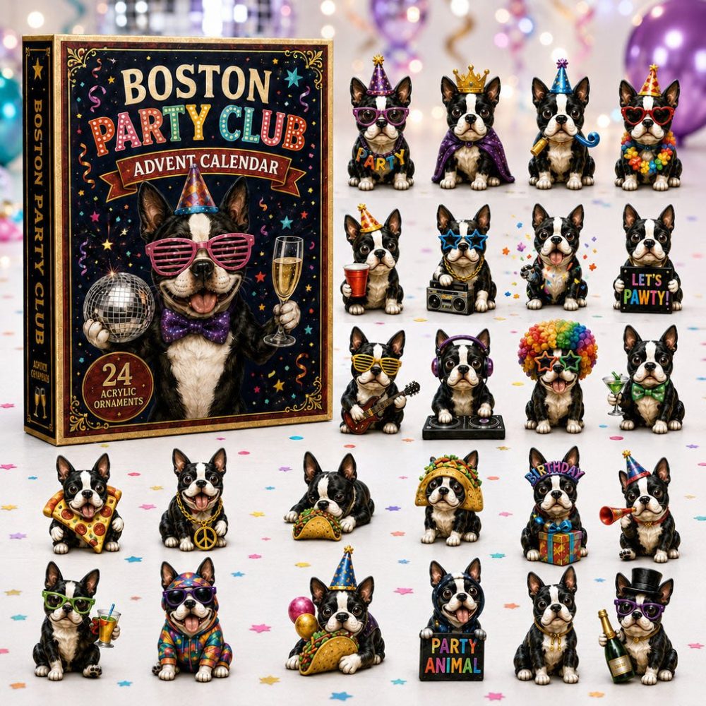 Boston Party Club 2026 Advent Calendar — 24-Day Countdown With Acrylic Charms, Fun Boston Terrier-Themed Holiday Gift
