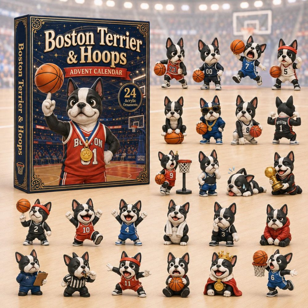 Boston Terrier Hoops Holiday Countdown 2026 - 24-Day Advent Calendar With Acrylic Basketball Charms