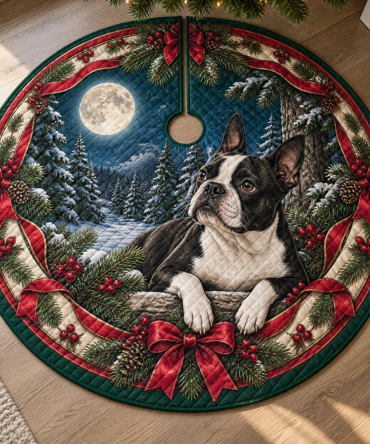 Quilted Boston Terrier Christmas Tree Skirt — Classic Dog Holiday Decor, Soft Quilting, Reversible Colors, Thoughtful Gift For Boston Owners