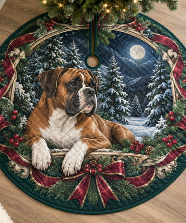 Quilted Boxer Dog Christmas Tree Skirt — Athletic, Stylish Holiday Base Cover, Plush Quilting, Reversible, Great Gift For Boxer Owners
